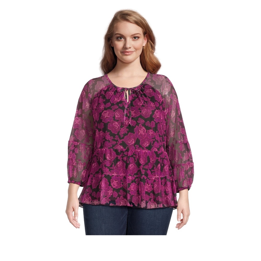 NWT Floral Prints Mesh Long Sleeves Plus Size Top Size 0X 14w Berry Wine Color